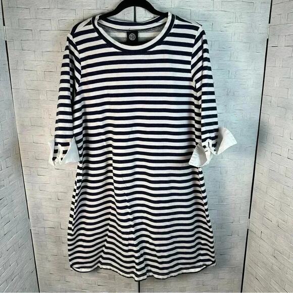 BOBEAU Striped midi dress jersey knit, cotton cuff crewneck nautical, plus size - Picture 1 of 9